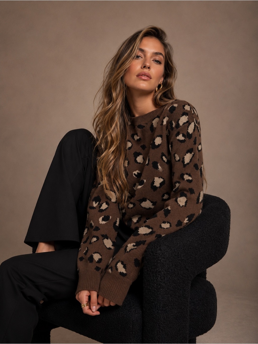 NWT Leopard Print Crewneck Jacquard Sweater - Brown